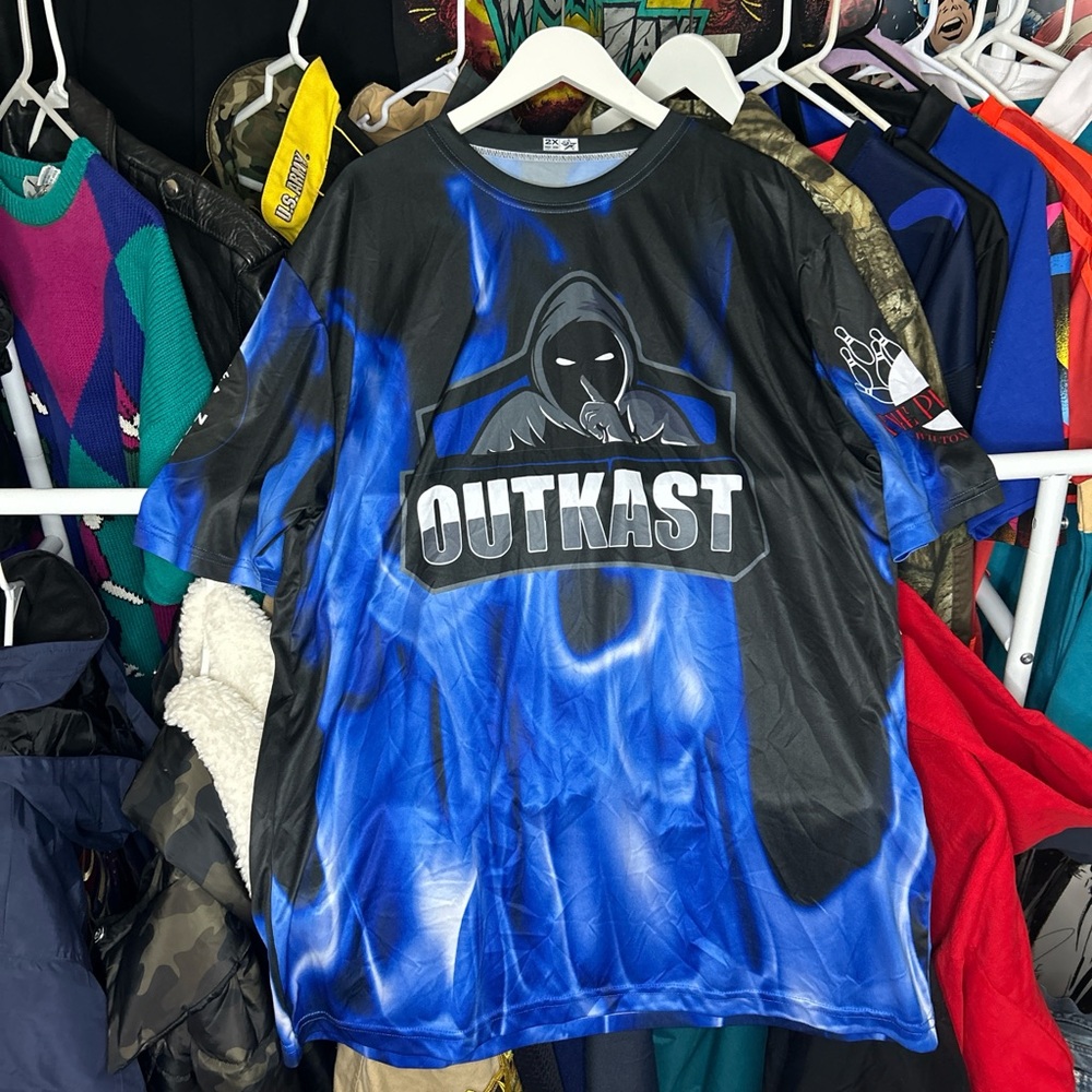 Vintage OutKast Blue Flames Bowling T-shirt size XXL 2XL